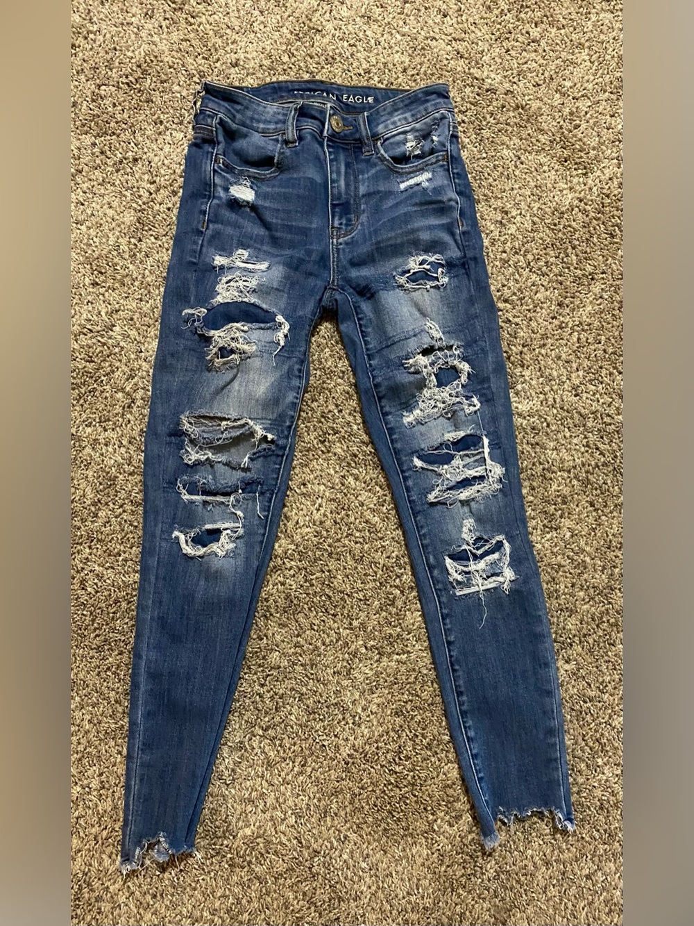 American Eagle Outfitters Women's Dark Blue Ripped Skinny Jeans